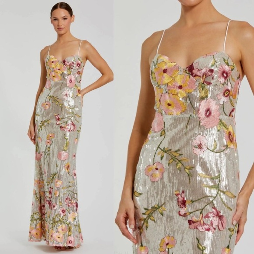 Mac Duggal Silver Sequin Maxi Dress with Pink & Yellow Floral Embroidery